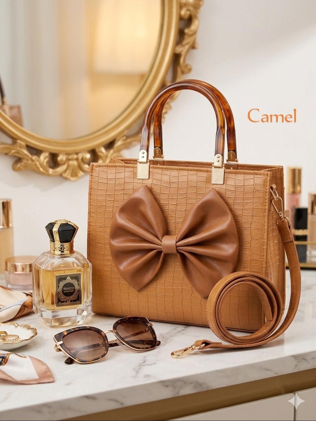 ✨ Premium Camel Structured Handbag with Bow Design