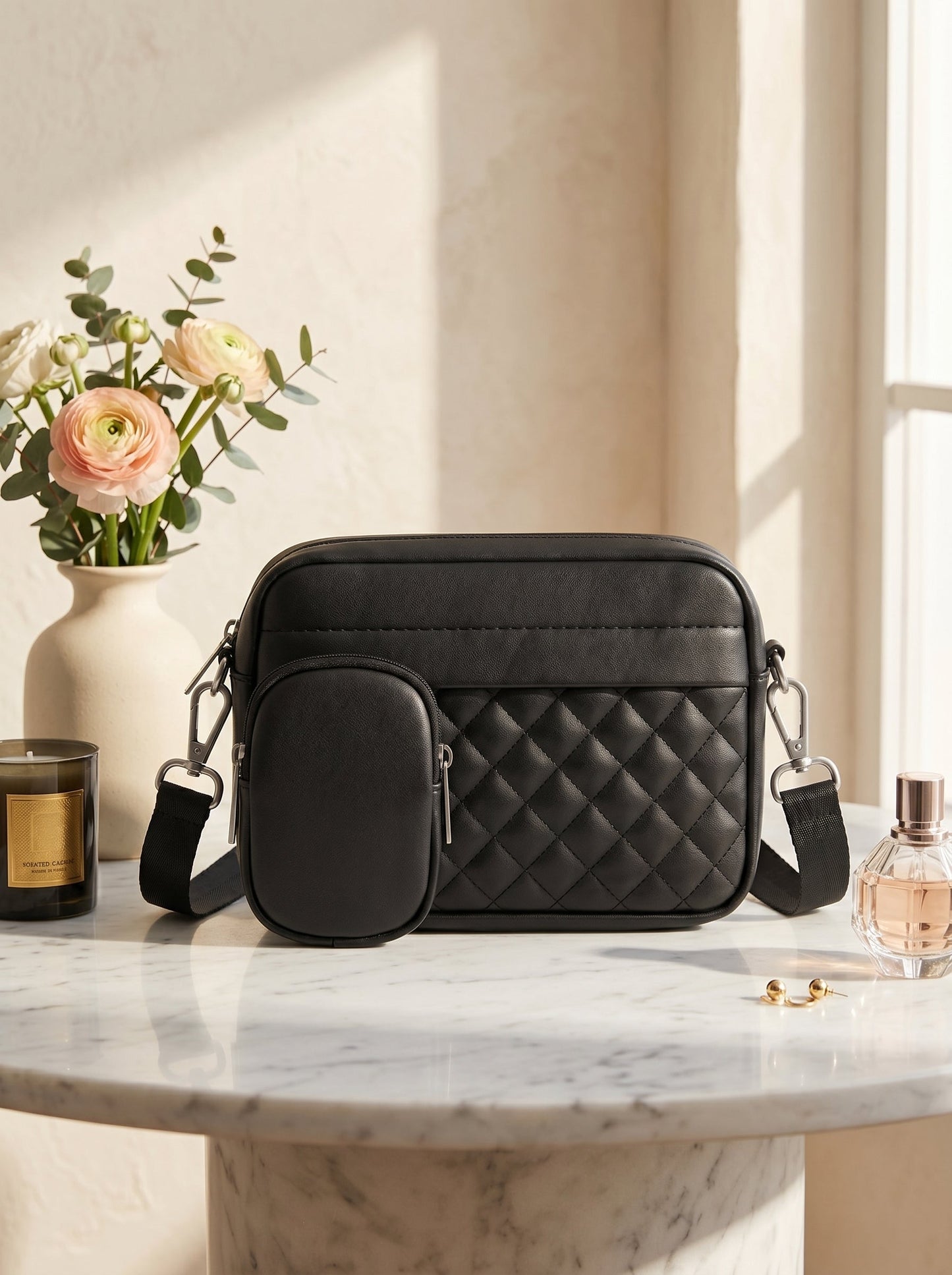 Black Quilted Crossbody Bag with Coin Pocket
