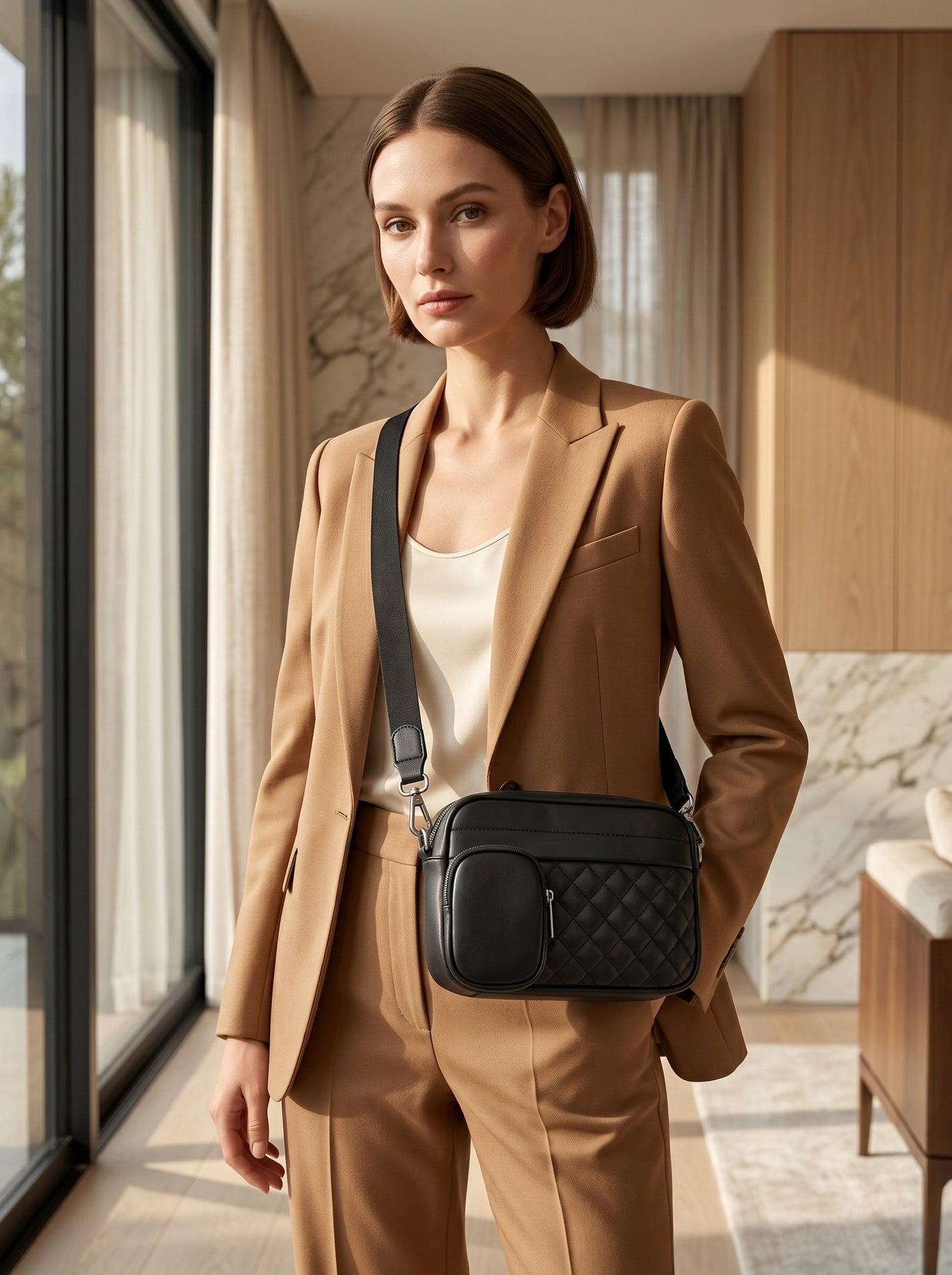 Black Quilted Crossbody Bag with Coin Pocket
