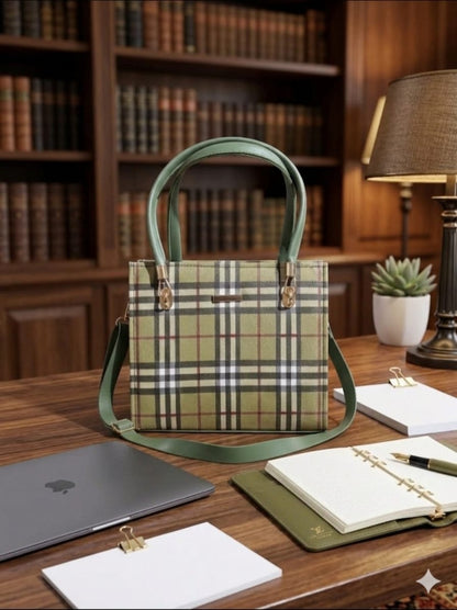 ✨ Elegant Check Structured Handbag with Adjustable Strap