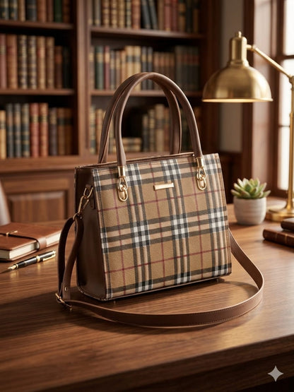 ✨ Elegant Check Structured Handbag with Adjustable Strap