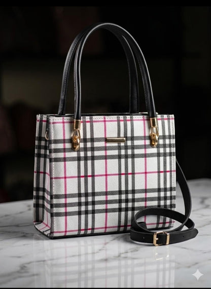 ✨ Elegant Check Structured Handbag with Adjustable Strap