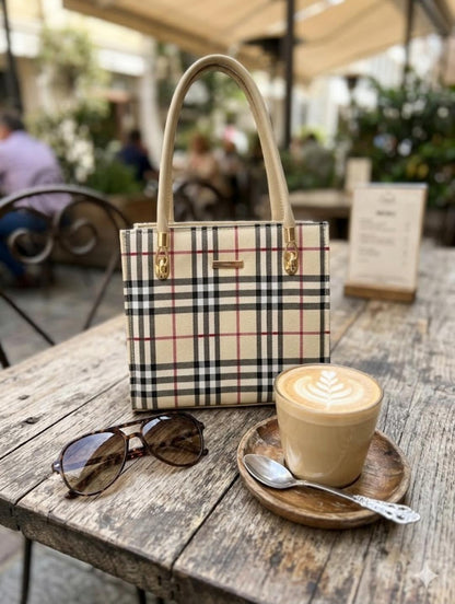 ✨ Elegant Check Structured Handbag with Adjustable Strap