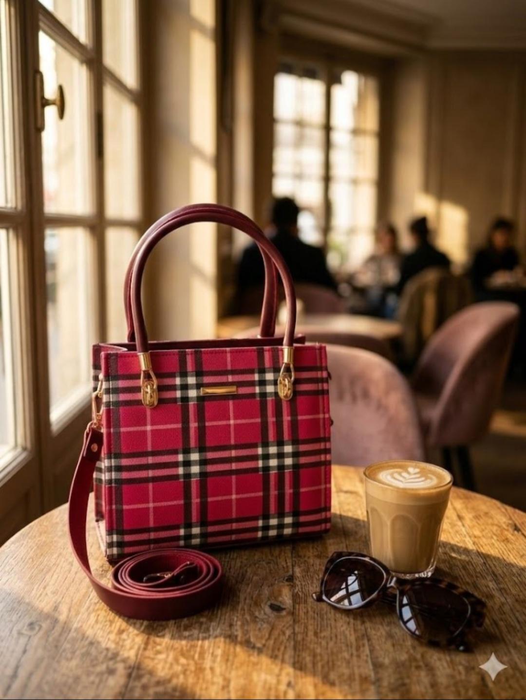 ✨ Elegant Check Structured Handbag with Adjustable Strap