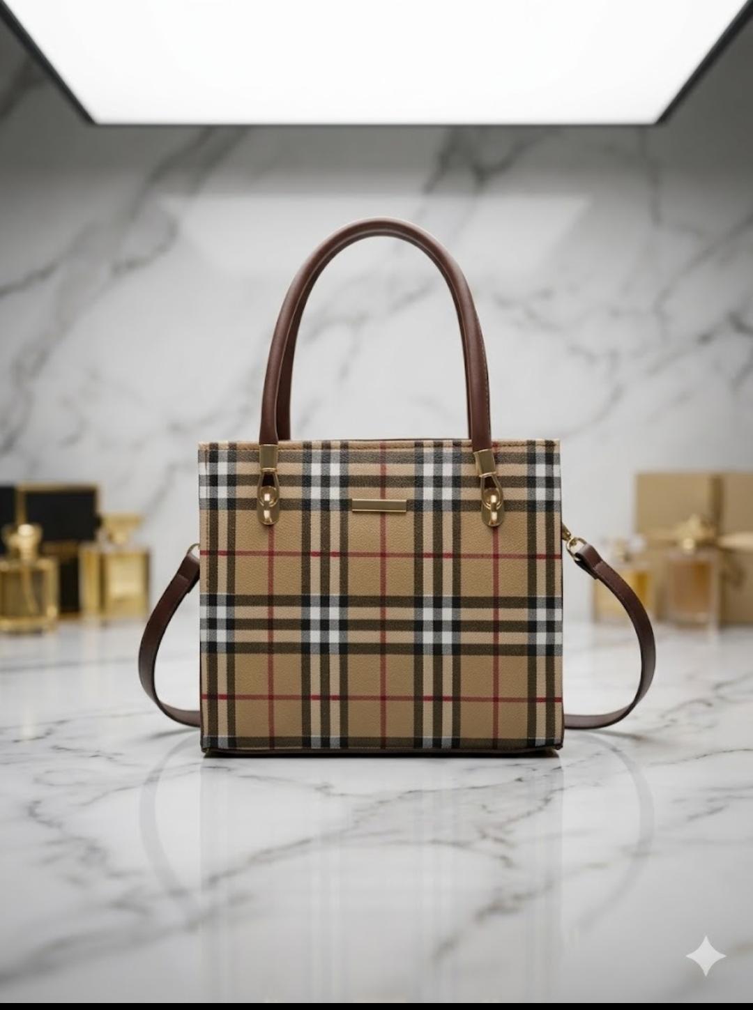 ✨ Elegant Check Structured Handbag with Adjustable Strap