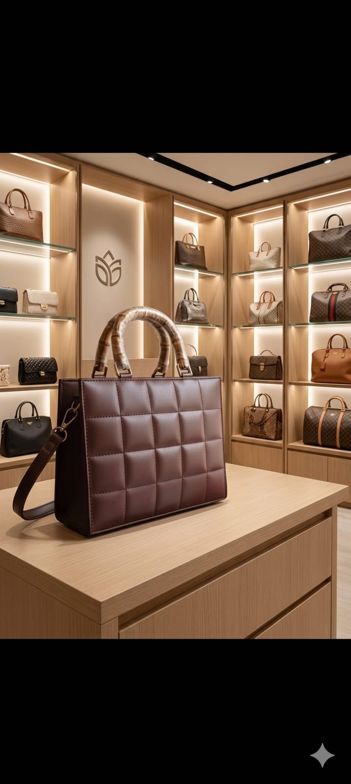 Structured Women Handbag with Wooden Handle & Long Strap